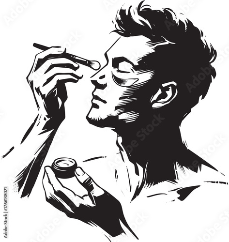 Monochrome illustration of a man applying under-eye cream with a brush