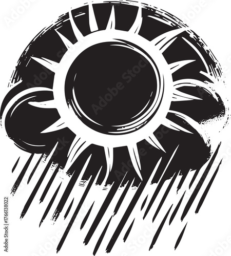 Minimalist sumi-e style icon depicting sun and rain, weather concept logo