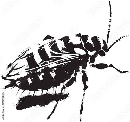 Artistic cockroach illustration created with an ink splash effect, black and white illustration