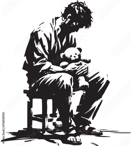 Monochrome Sumi-e illustration featuring a man embracing a teddy bear