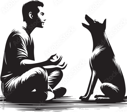 Monochrome serenity meeting curious canine in sumi-e inspired illustration
