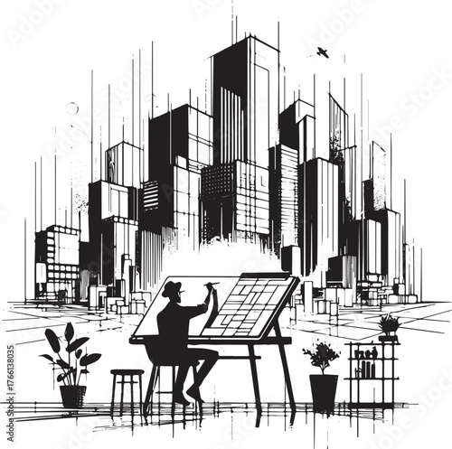 Urban planner sketching city skyline on drawing board in minimalist style