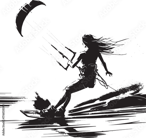 Dynamic sumi-e illustration of a woman expertly kiteboarding on water with style