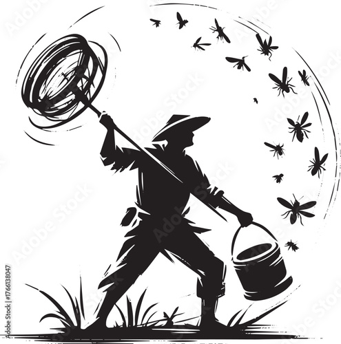 Sumi-e Illustration of a Man Trapping Insects with a Net in a Japanese Style
