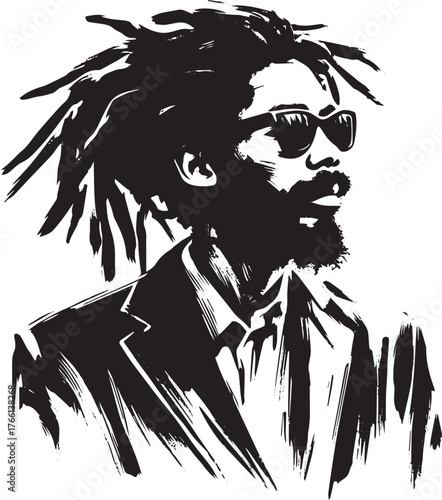 Monochromatic portrait of a man with dreadlocks and sunglasses in sumi-e style