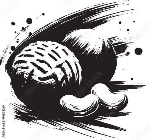 Monochrome Sumi-e Inspired Illustration of Peanut Butter Balls Arrangement