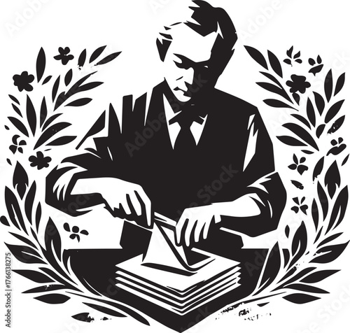 Monochromatic sumi-e style illustration depicting a man meticulously folding napkins