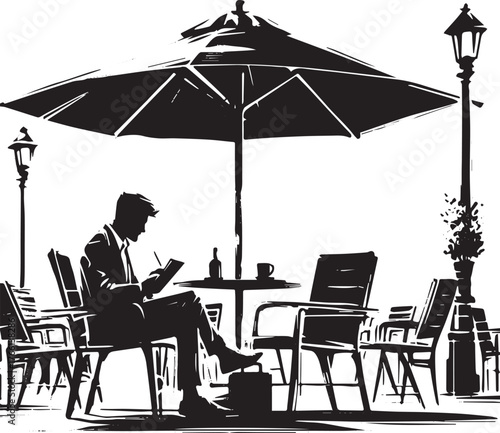 Monochrome illustration of a man seated at a bistro table, writing outdoors