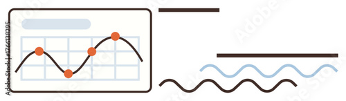 Graph with curved linear chart, dots on grid, and decorative wavy and straight lines. Ideal for data analysis, statistics, trend tracking, business insights, research, prediction minimalistic