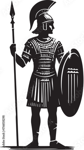 Stylized Akkadian warrior illustration with spear and shield in monochrome