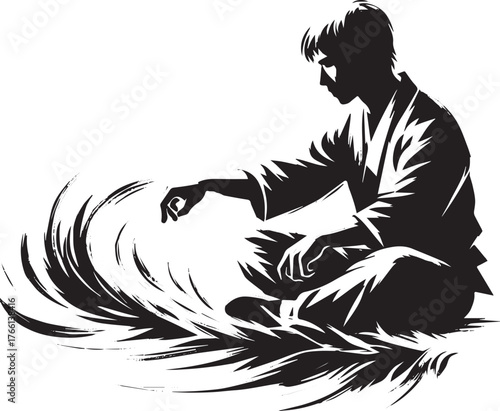 Monochrome illustration of a man meditating, minimalist zen art style