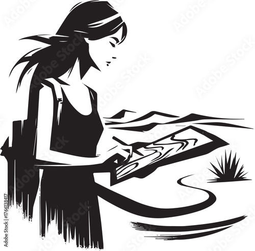 Minimalistic sumi-e style illustration of a woman navigating desert with map