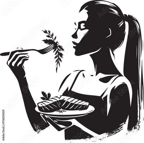 Elegant woman enjoying a healthy meal, sumi-e style minimalist illustration