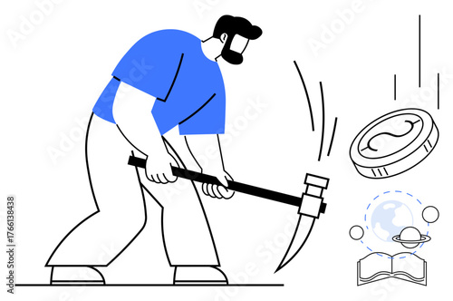 Man striking ground with pickaxe to mine cryptocurrency, floating coin, network globe, and book. Ideal for crypto, finance, blockchain, digital economy, innovation technology knowledge exploration