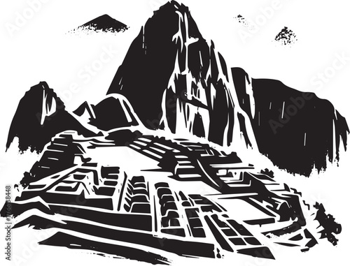 Minimalist Sumi-e Depiction of Machu Picchu Temple in Black and White