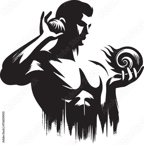 Monochrome illustration: Man connects with nature through a seashell