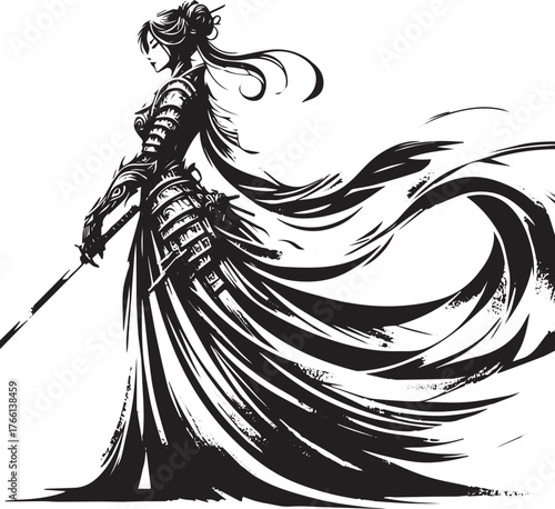Elegant warrior woman in metallic armor with flowing fabric and sword art
