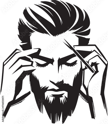 Monochrome illustration of a man meticulously shaping his eyebrows with tweezers