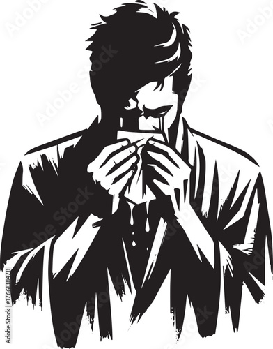 Monochrome portrait depicting profound sadness and emotional distress