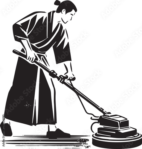 Japanese inspired minimalist illustration of a man polishing a floor