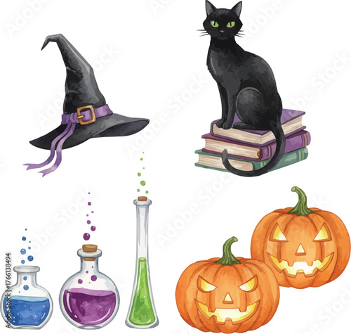 Watercolor Illustration of Halloween Elements: Black Cat, Witch Hat, Potions, and Pumpkins