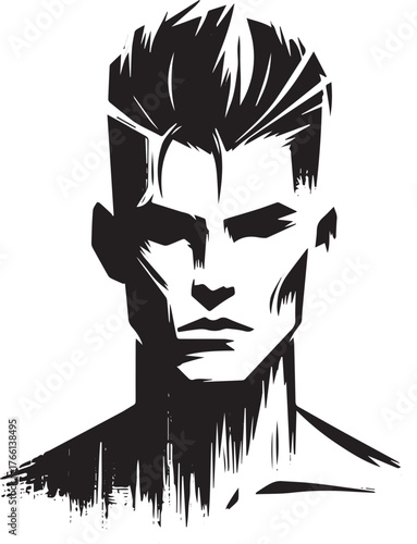 Monochromatic brushstroke portrait of a determined man with angular haircut