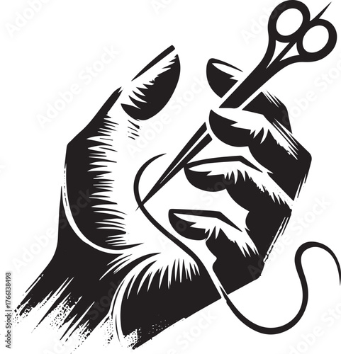 Hand holding scissors and a needle with thread logo emblem icon craft