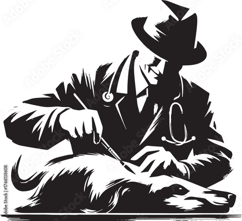 Monochrome illustration of a taxidermist at work, black and white image