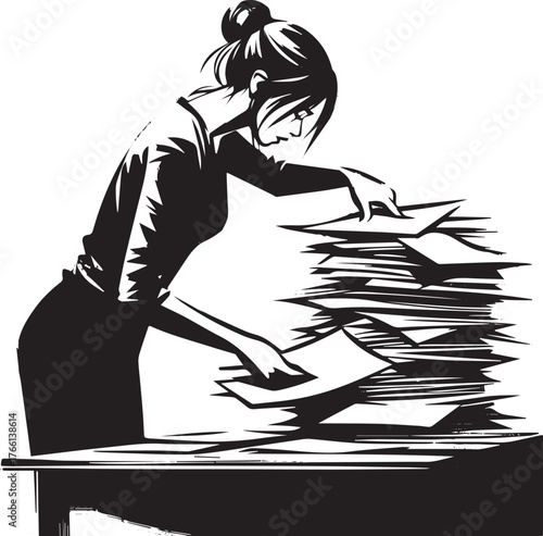Stressed professional sifting through paper pile in monochrome illustration