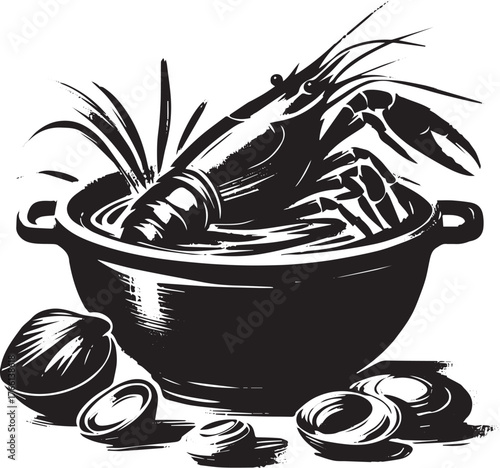 Minimalist Sumi-e Illustration of Seafood Bouillabaisse with Brush Strokes