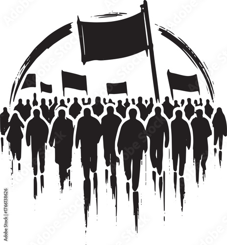 Bold depiction of a protest march with silhouetted figures and raised flags