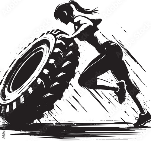 Stylized Athlete Flipping Heavy Tire, Strength Training in Sumi-e Illustration