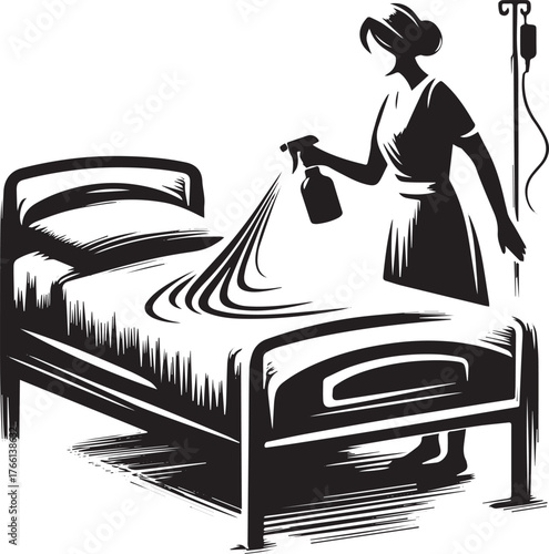 Sumi-e illustration depicting a woman meticulously sanitizing a hospital bed