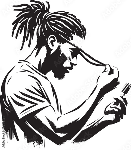 Elegant sumi-e illustration of a man styling locs into a stylish ponytail