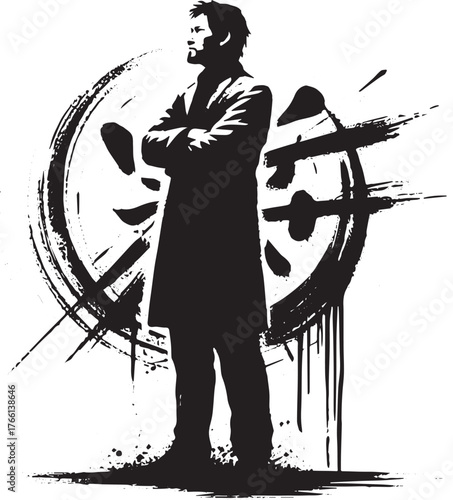 Monochrome urban figure with arms crossed in front of stylized graffiti