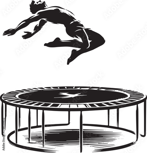 Monochrome illustration of an athlete rebounding from a trampoline into the air