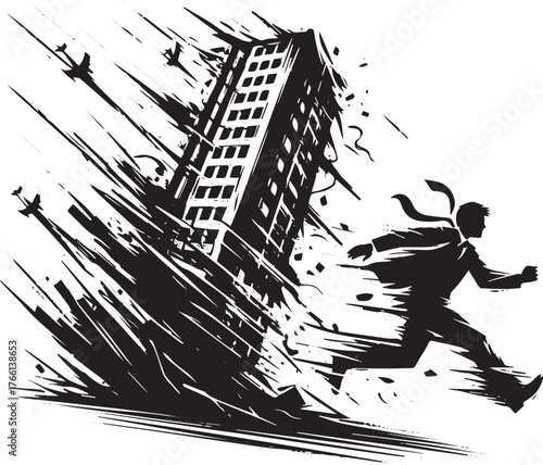 Urgent escape: Black and white illustration of a man fleeing a collapsing building