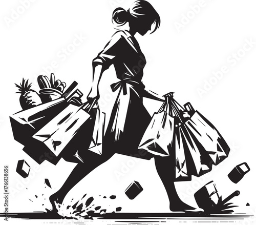 Woman's shopping bags rupture in a stark minimalist monochrome illustration