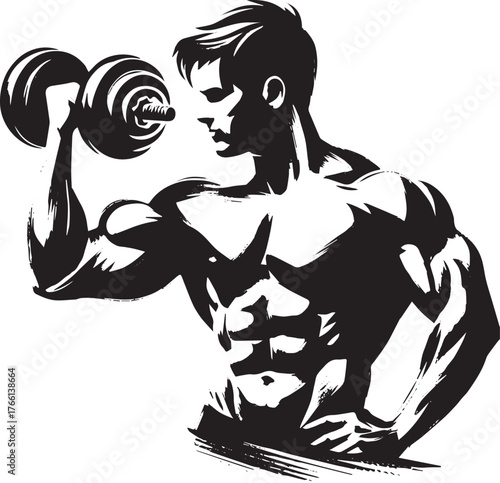 Dynamic Sumi-e Illustration of a Bodybuilder Flexing with Dumbbell