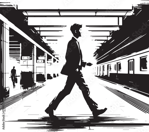 Dynamic Monochrome Illustration of a Commuter Striding Through Subway Platform