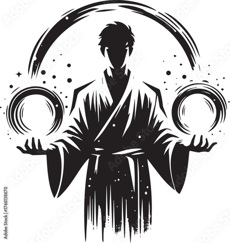 Minimalistic Sumi-e illustration of a man manipulating glowing orbs of energy