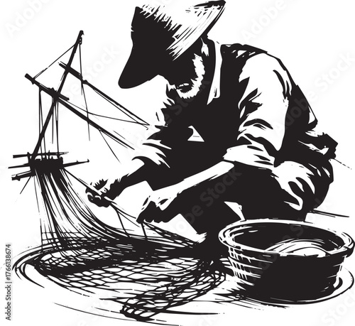 Intricate depiction of craftsman mending fishing nets in monochrome ink style