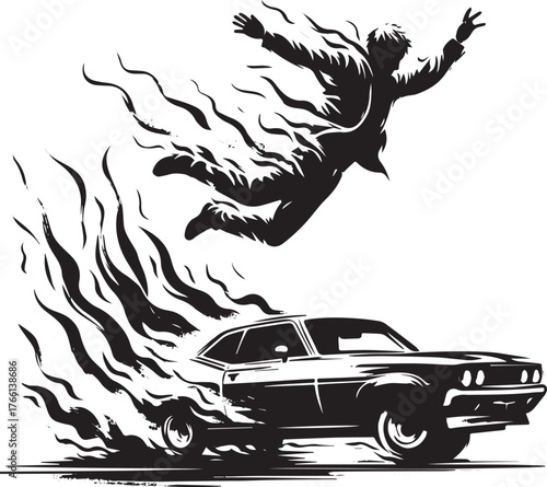 Dramatic escape from a burning vehicle in a minimalist monochrome style