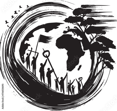 Black and white sumi-e style earth illustration with environmental activism theme
