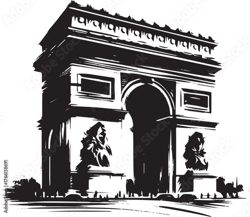 Parisian landmark Arc de Triomphe in simple black and white illustration