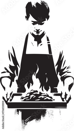 Monochromatic depiction of a chef holding a flaming tray of ruined food