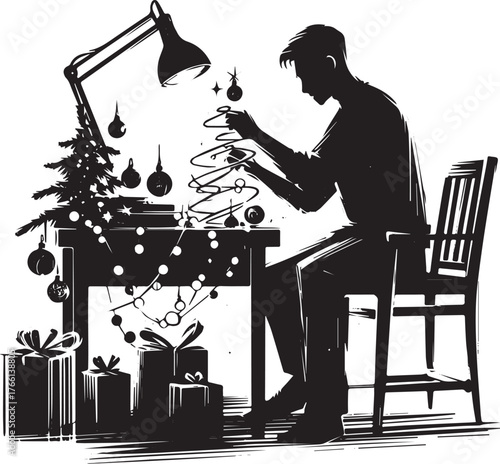 Monochrome illustration: A man adorns his workspace with holiday decorations