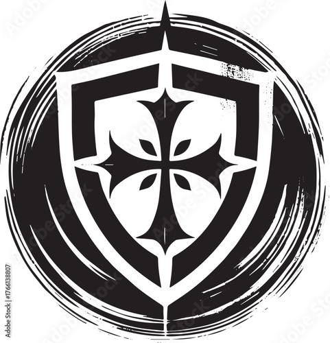 Black Sumi-e Style Medieval Shield Logo for Protection and Defense
