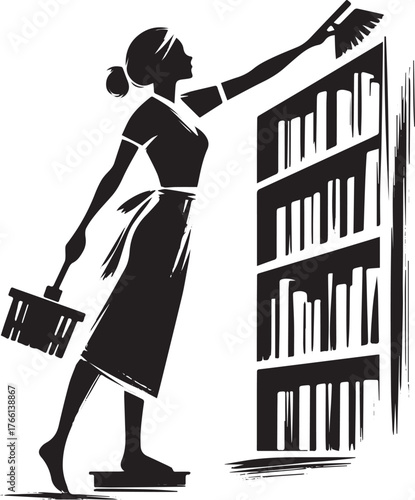 Silhouette of a woman dusting a bookshelf in minimalist sumi-e style