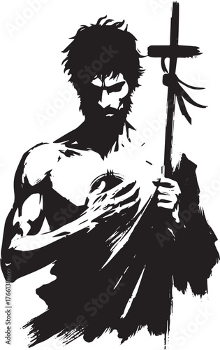 Monochrome Sumi-e Illustration of a Man Holding a Cross in Artistic Expression